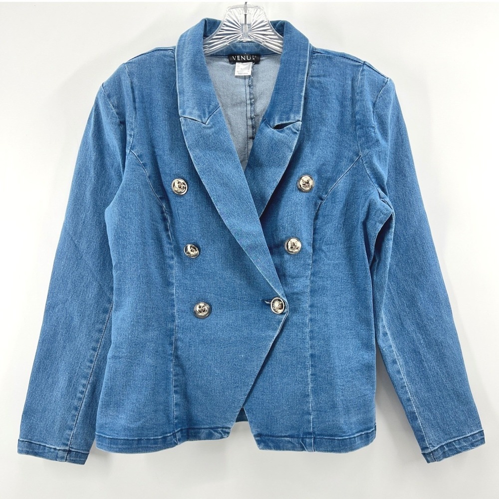 Venus Denim Blazer Womens 10 Blue Double Breasted Cotton Stretch Crest Button